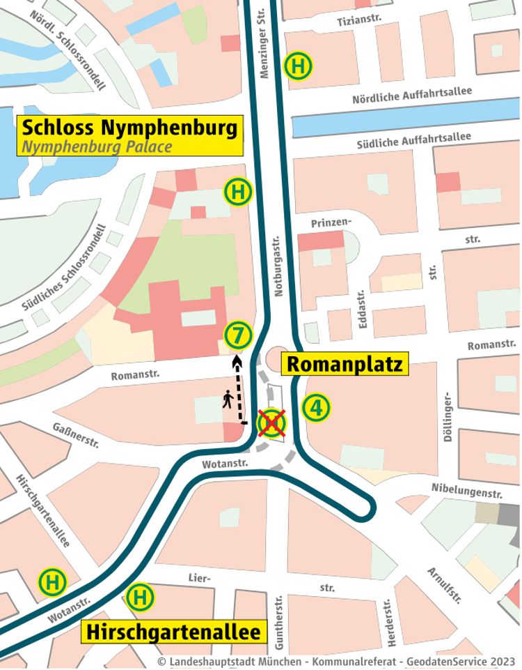 Grafische Darstellung der Linienführung Bus 51, 151, N78 am Romanplatz