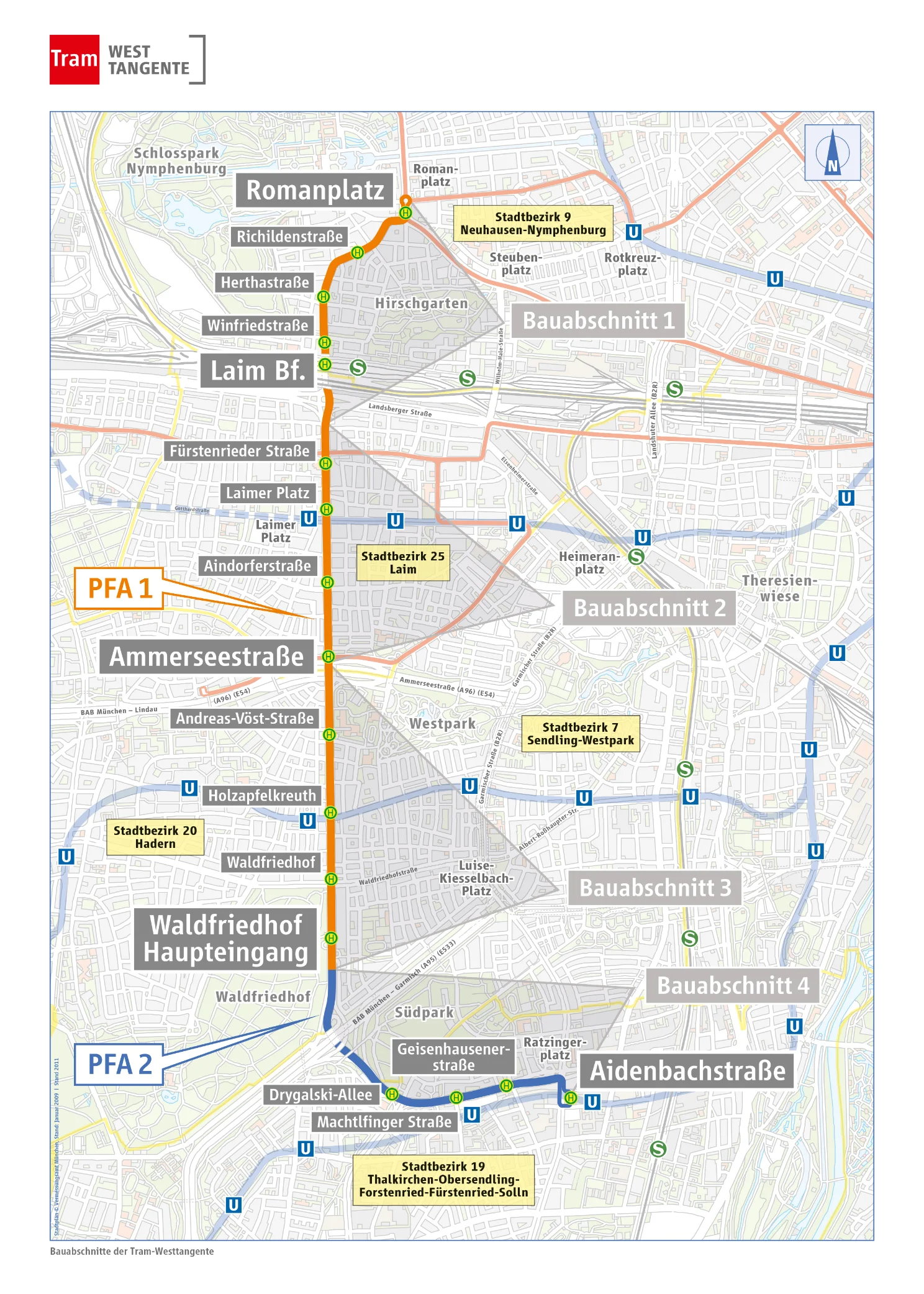 Streckenkarte der Tram-Westtangente mit Unterteilung in vier Bauabschnitte