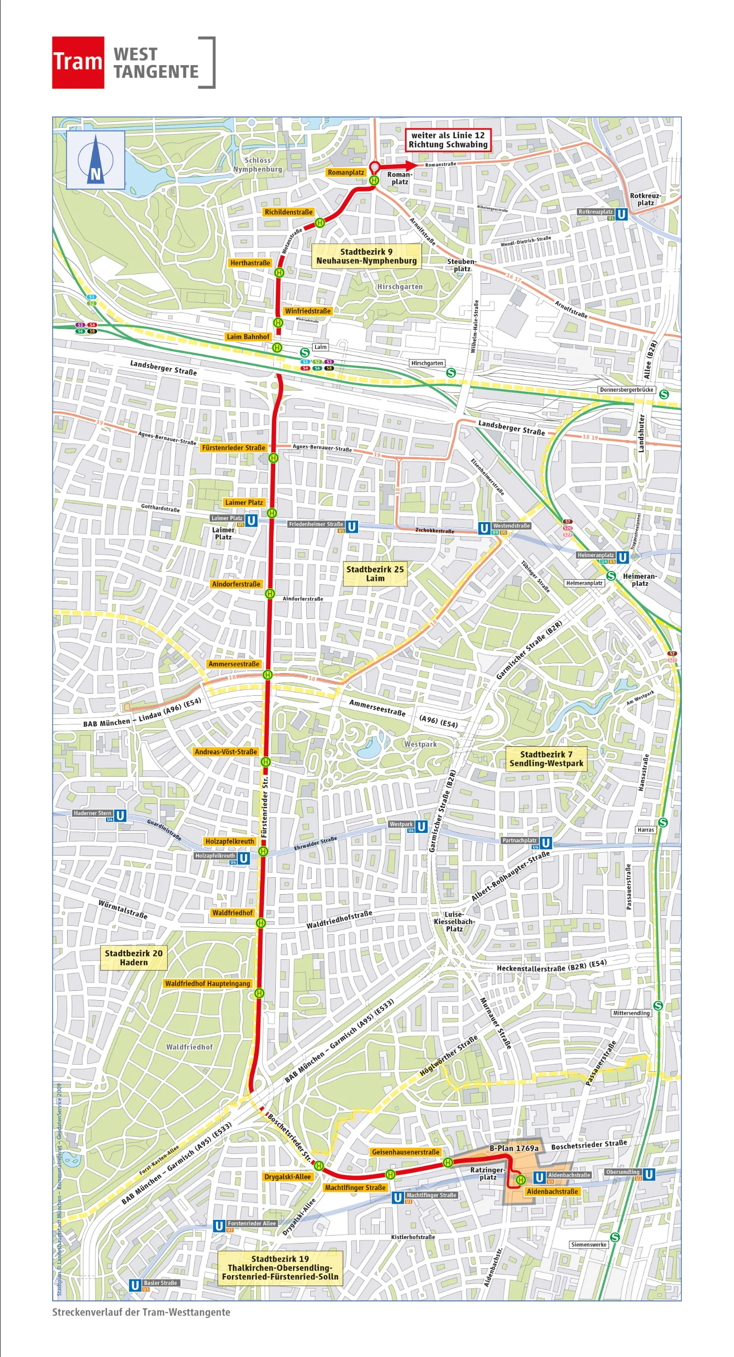 Eine Streckenkarte auf dem Stadtplan des Münchner Westens