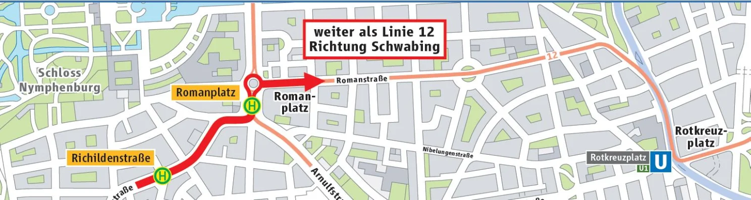 Stadtplan am Romanplatz mit Linienverbindung nach Schwabing